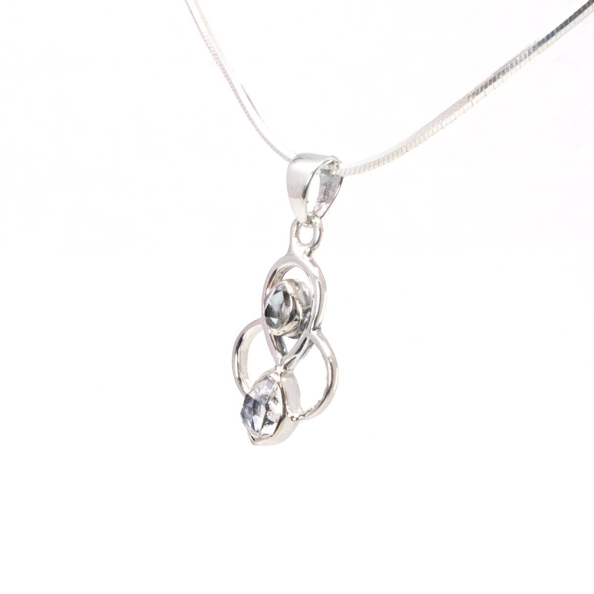 Herkimer Diamond Pendant - 2 Nuggets Set in 925 Sterling Silver Bezels on Open Tri-Circles