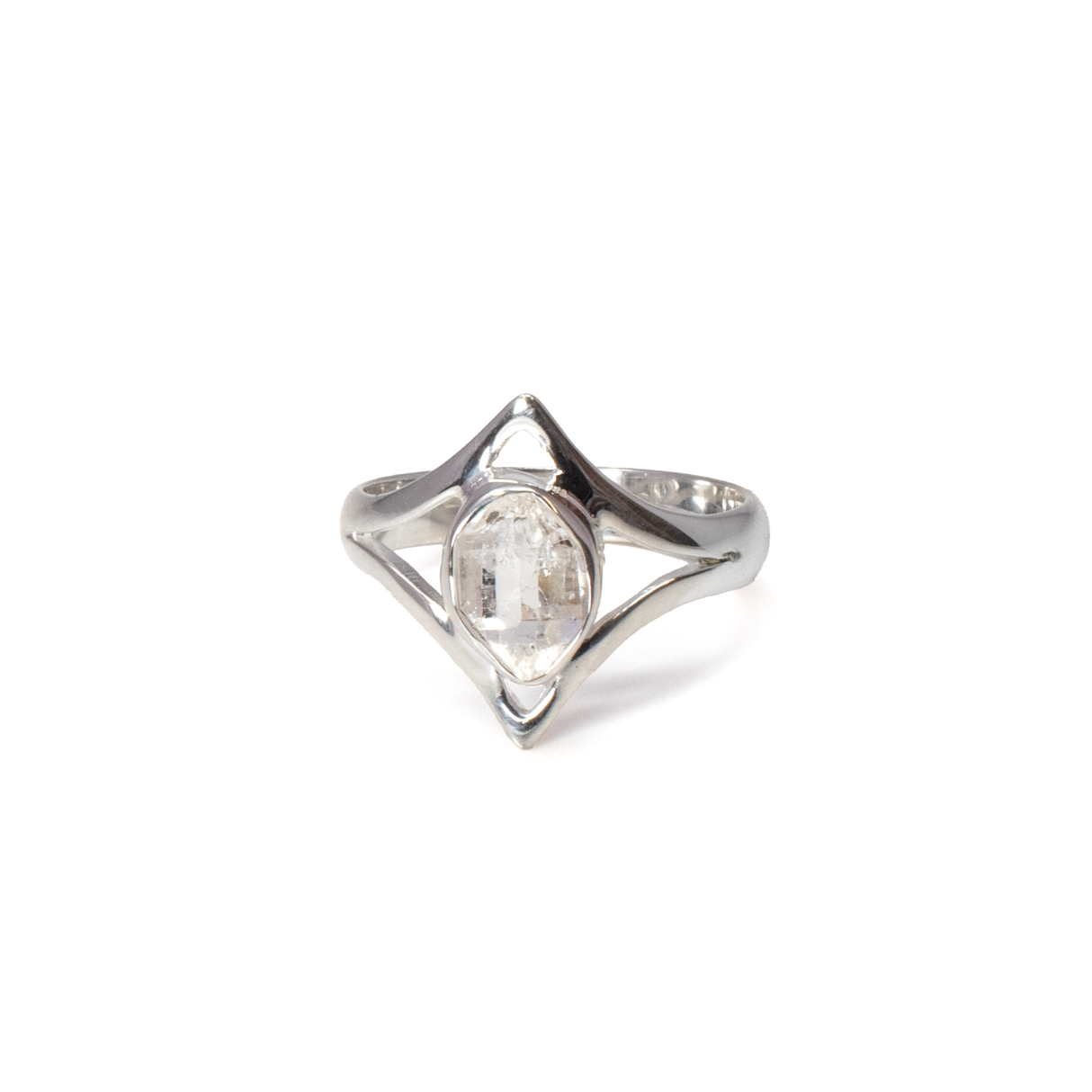 View of Herkimer Diamond Ring - Nugget Set in 925 Sterling Silver Bezel on Pointed Diamond Band sz7