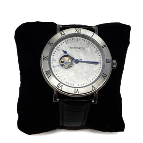 View of Muonionalusta Meteorite Watch - Miyota Movement with Black Leather Band and Clear IP Plating - Roman Numeral Time Stamps