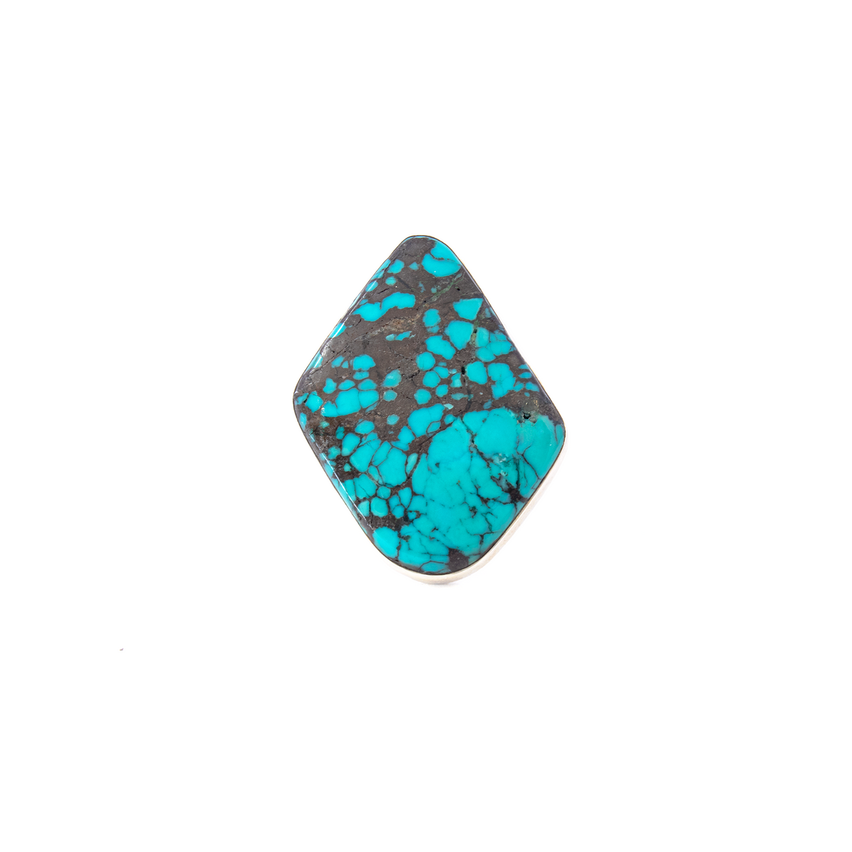 Turquoise Ring from Tibet - Freeform Cabochon Set in Simple 925 Sterling Silver Bezel & Double Band sz6
