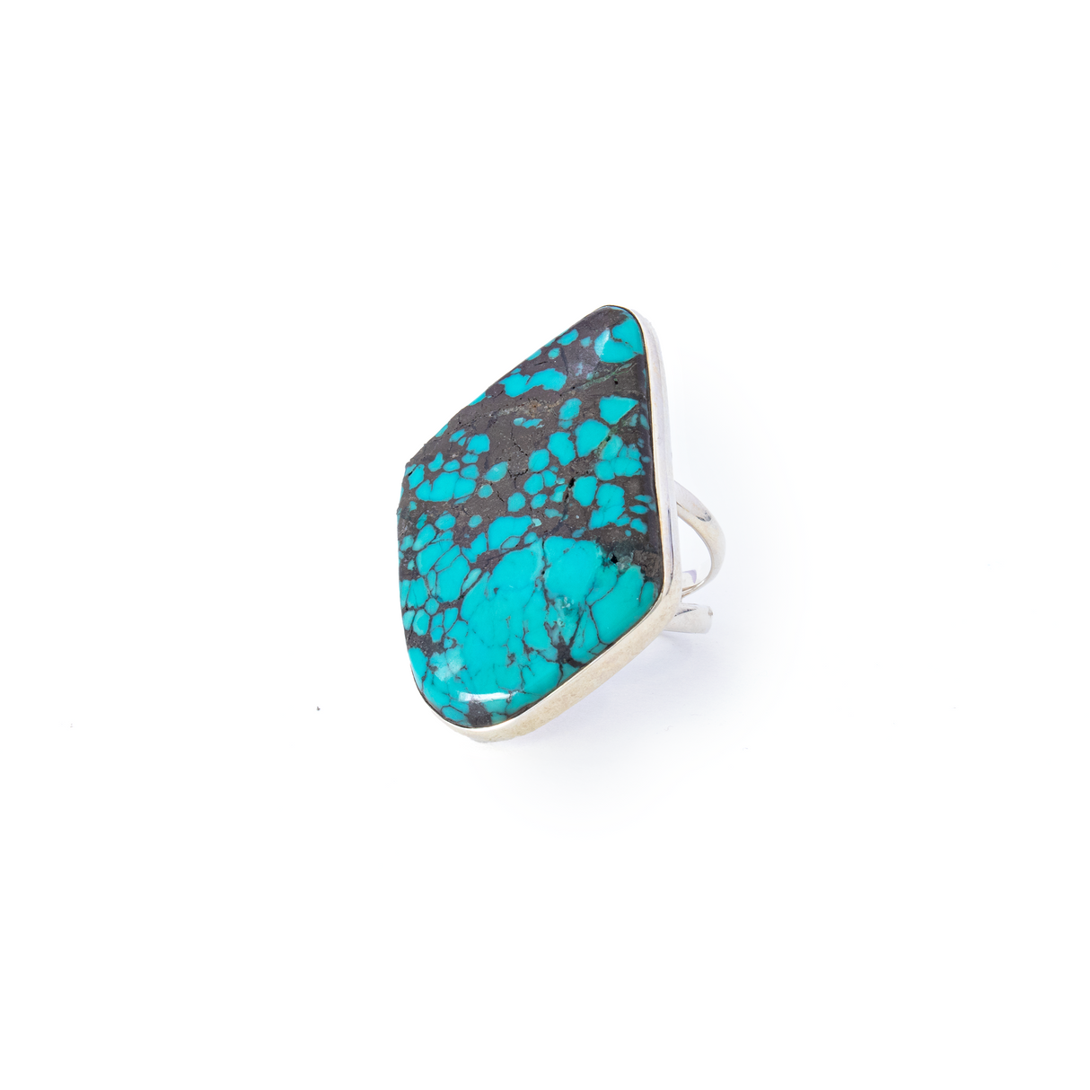 View of Turquoise Ring from Tibet - Freeform Cabochon Set in Simple 925 Sterling Silver Bezel & Double Band sz6