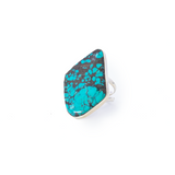 View of Turquoise Ring from Tibet - Freeform Cabochon Set in Simple 925 Sterling Silver Bezel & Double Band sz6