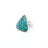 View of Turquoise Ring from Tibet - Triangular Cabochon Set in Simple 925 Sterling Silver Bezel & Double Band sz10