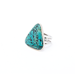 View of Turquoise Ring from Tibet - Triangular Cabochon Set in Simple 925 Sterling Silver Bezel & Double Band sz10