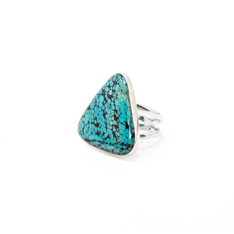 View of Turquoise Ring from Tibet - Triangular Cabochon Set in Simple 925 Sterling Silver Bezel & Double Band sz10