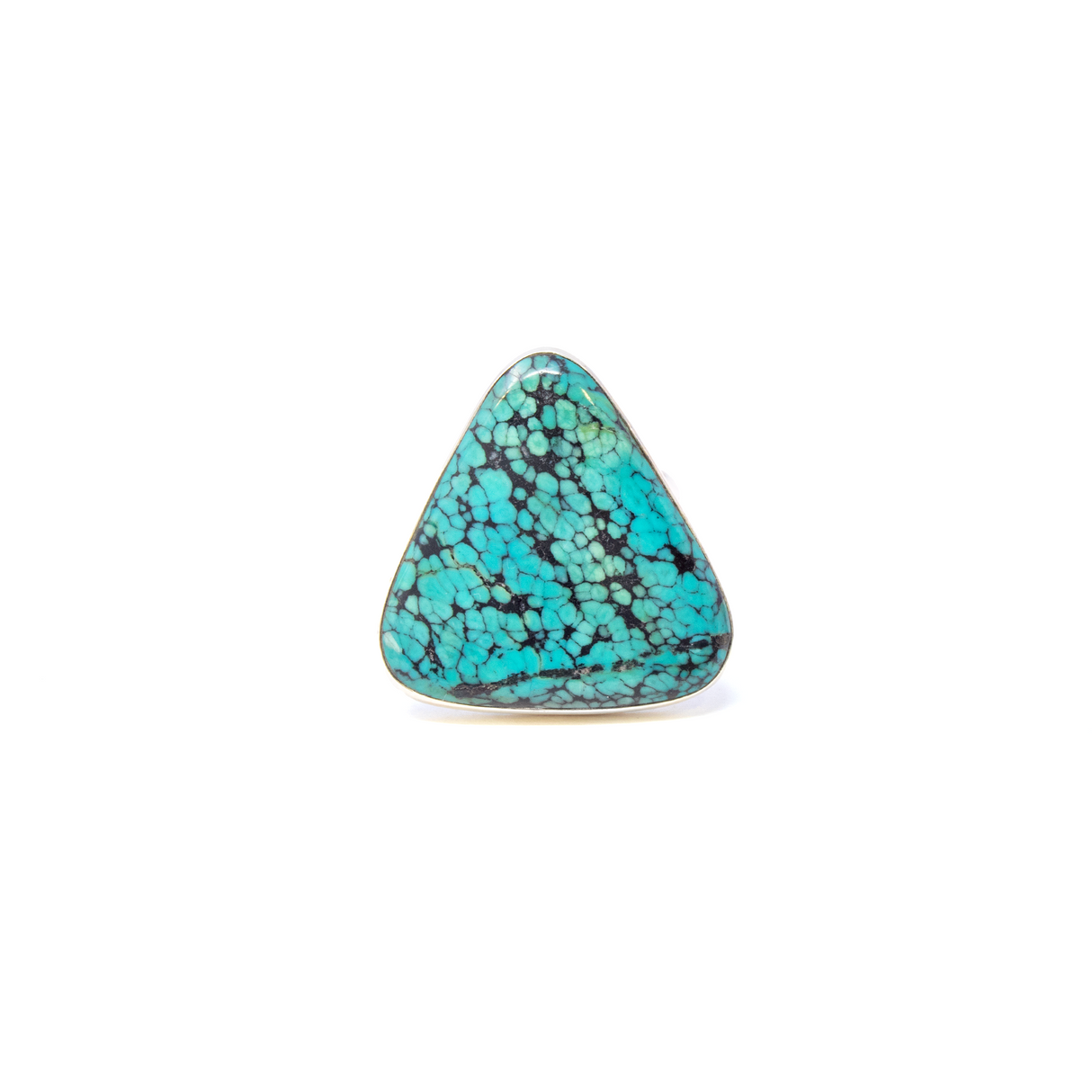 Turquoise Ring from Tibet - Triangular Cabochon Set in Simple 925 Sterling Silver Bezel & Double Band sz10