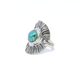 View of Turquoise Ring from Tibet - Round Cabochon Set on 925 Sterling Silver Bezel with Sun Ray Design Edge & Rope Accent on Band sz10