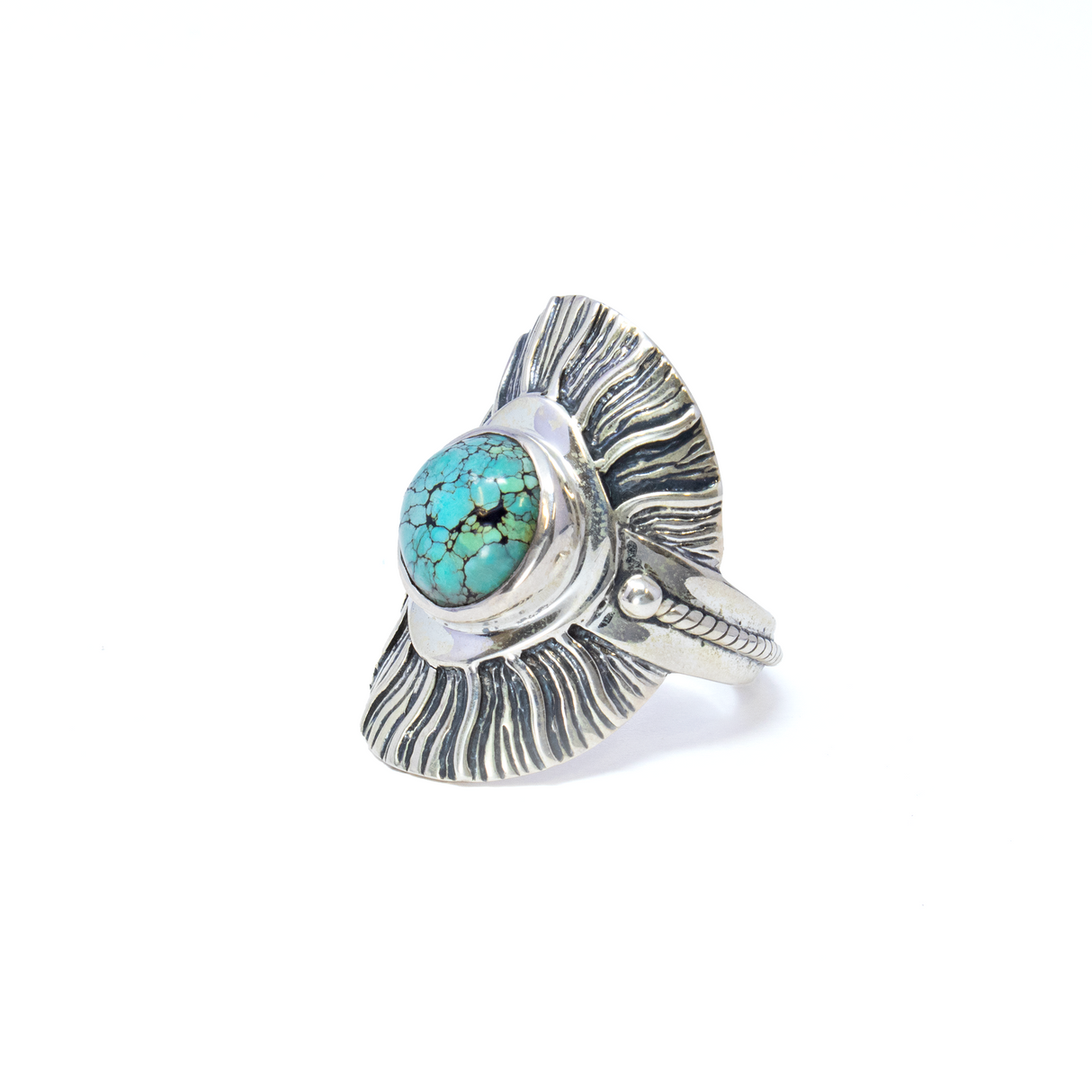 View of Turquoise Ring from Tibet - Round Cabochon Set on 925 Sterling Silver Bezel with Sun Ray Design Edge & Rope Accent on Band sz10