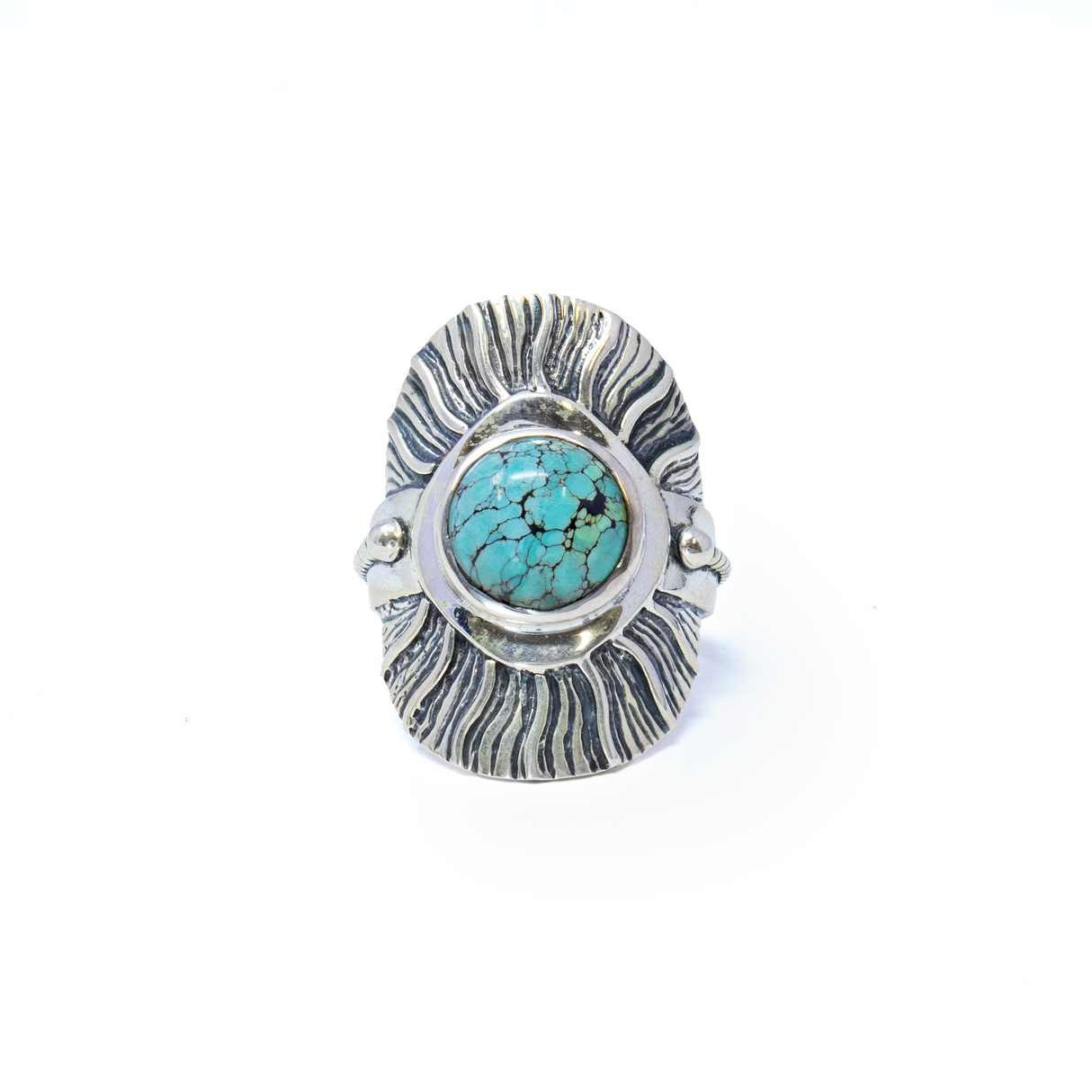 Turquoise Ring from Tibet - Round Cabochon Set on 925 Sterling Silver Bezel with Sun Ray Design Edge & Rope Accent on Band sz10