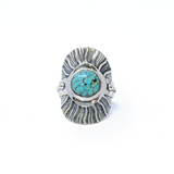 Turquoise Ring from Tibet - Round Cabochon Set on 925 Sterling Silver Bezel with Sun Ray Design Edge & Rope Accent on Band sz10