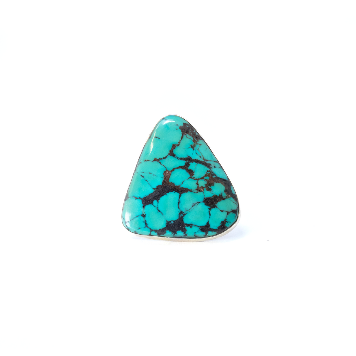 Turquoise Ring from Tibet - Triangle Cabochon Set on Simple 925 Sterling Silver Bezel with sz8