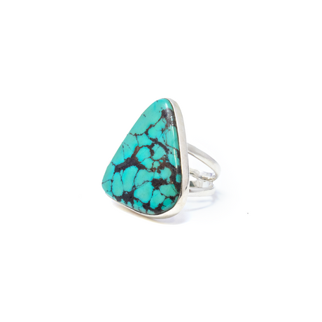View of Turquoise Ring from Tibet - Triangle Cabochon Set on Simple 925 Sterling Silver Bezel with sz8