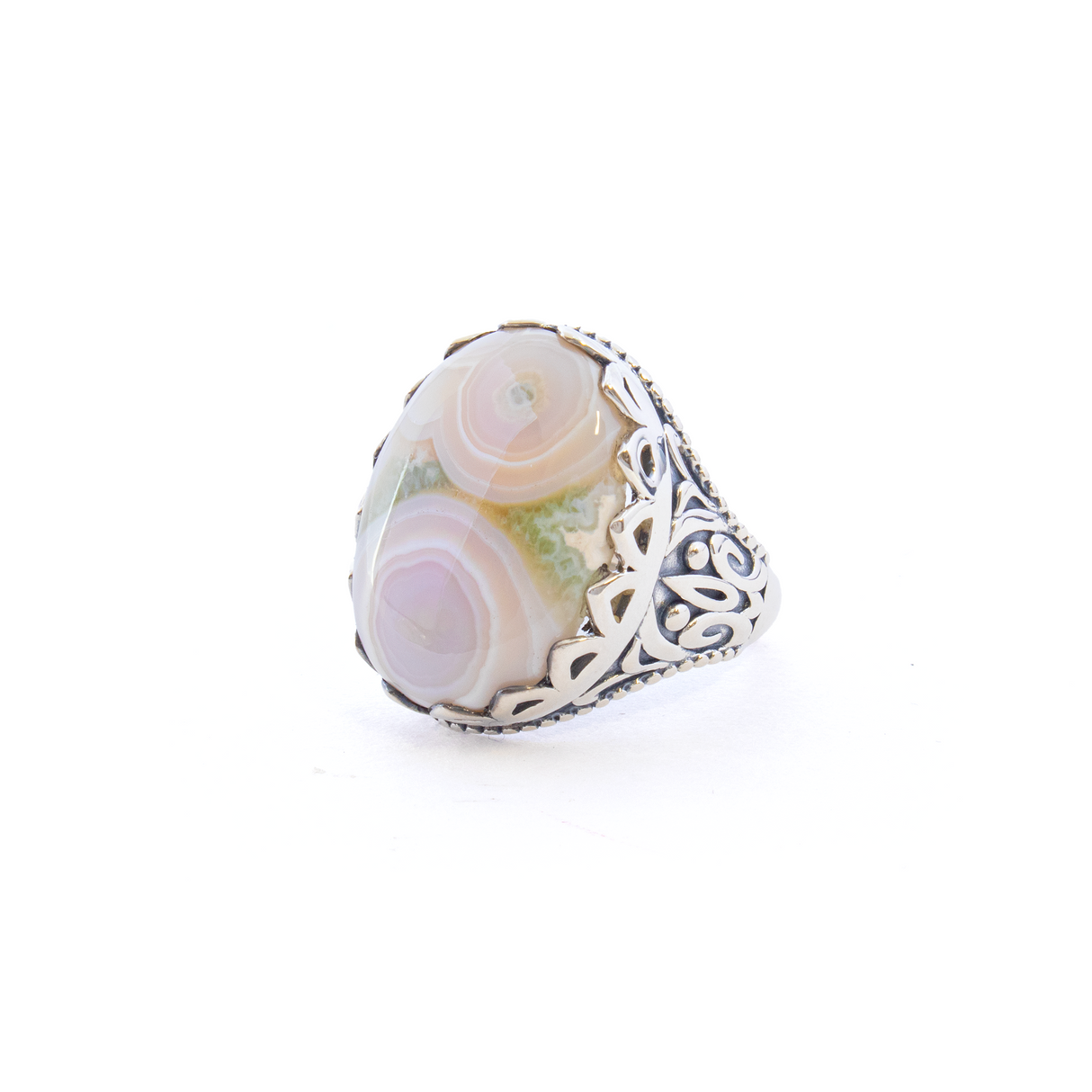View of Ocean Jasper Ring - Classic Oval Cabochon Set in Elegant 925 Sterling Silver Bezel with Scalloped Edge & Fleur de Lis Design on Band sz6