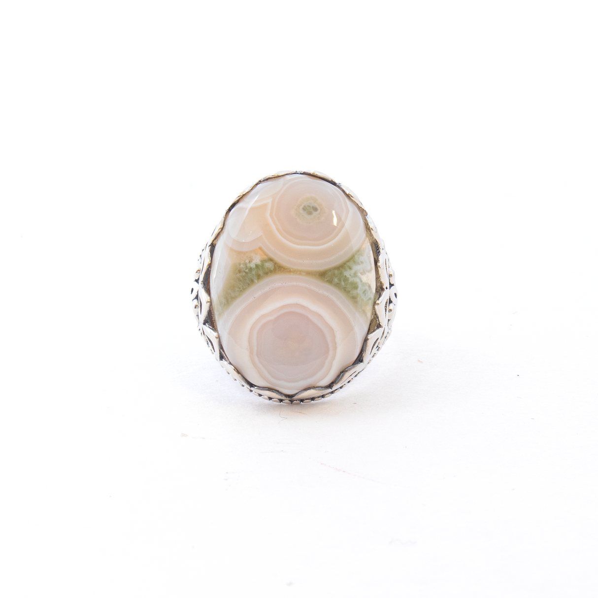 Ocean Jasper Ring - Classic Oval Cabochon Set in Elegant 925 Sterling Silver Bezel with Scalloped Edge & Fleur de Lis Design on Band sz6