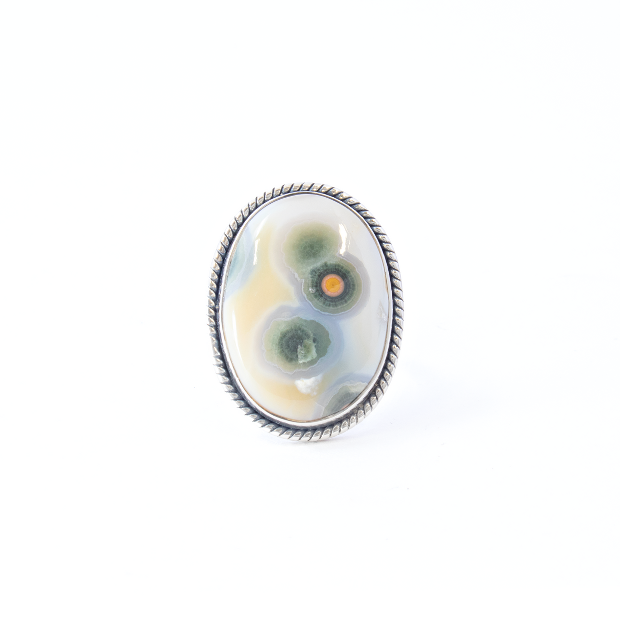 Ocean Jasper Ring - Oval Cabochon Set in 925 Sterling Silver Bezel with Rope Stamped Edge sz8