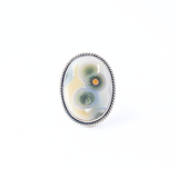 Ocean Jasper Ring - Oval Cabochon Set in 925 Sterling Silver Bezel with Rope Stamped Edge sz8