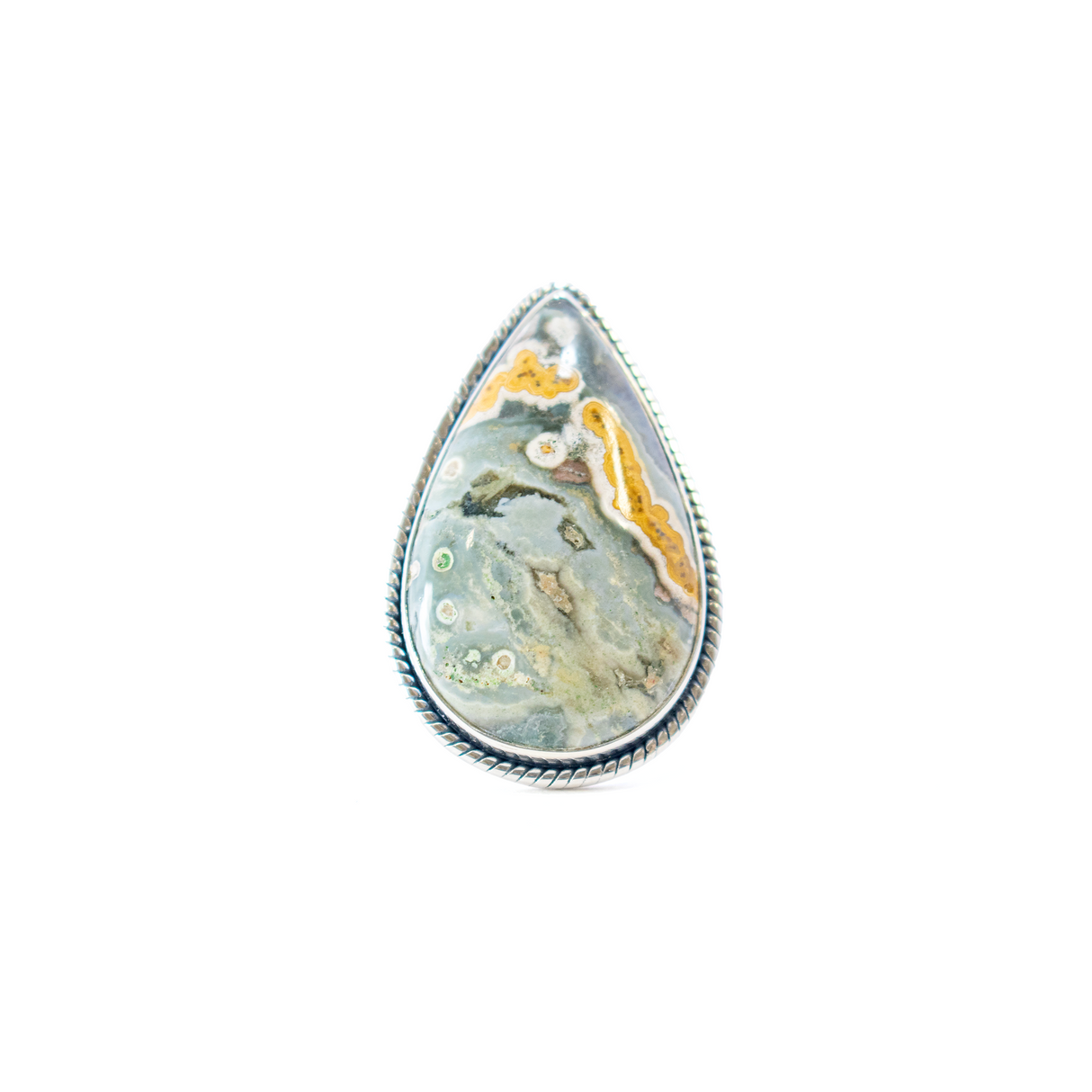 Ocean Jasper Ring - Pear Cabochon Set in 925 Sterling Silver Bezel with Rope Stamped Edge sz10