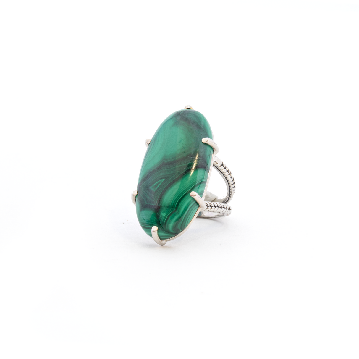 View of Malachite Ring - Prong Set Elongated Oval Cabochon Set on 925 Sterling Silver Braid Stamped Double Band sz7