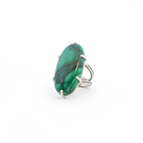 View of Malachite Ring - Prong Set Elongated Oval Cabochon Set on 925 Sterling Silver Braid Stamped Double Band sz7
