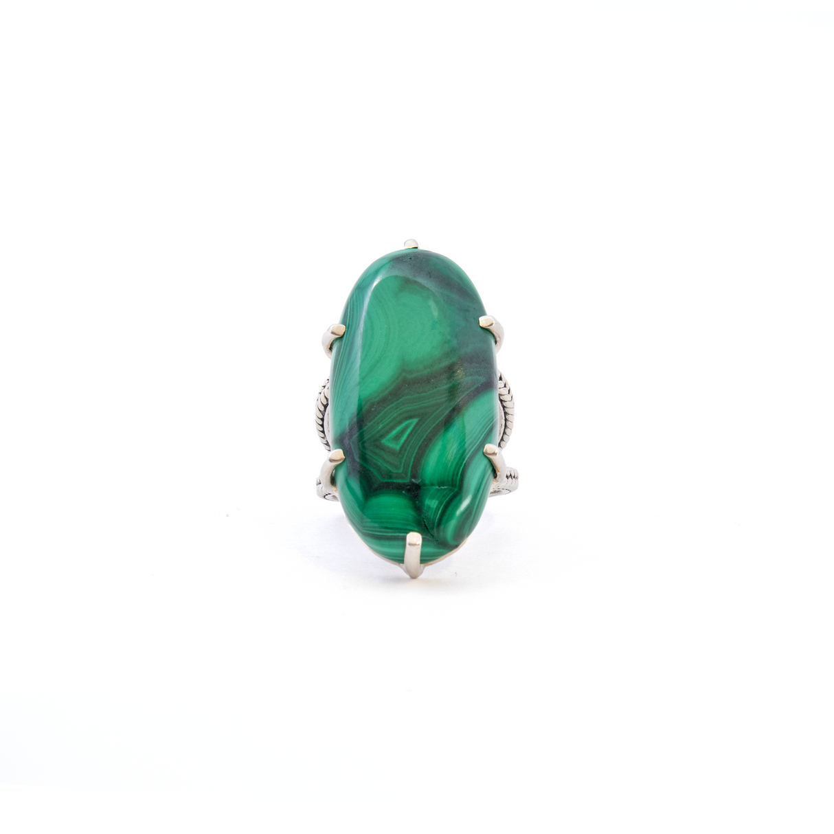 Malachite Ring - Prong Set Elongated Oval Cabochon Set on 925 Sterling Silver Braid Stamped Double Band sz7