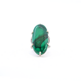 Malachite Ring - Prong Set Elongated Oval Cabochon Set on 925 Sterling Silver Braid Stamped Double Band sz7