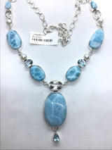View of Larimar Necklace - 5 Oval Cabochons with Freshwater Pearls with Faceted Quartz & Blue Topaz - Set in 925 Sterling Silver Bezels