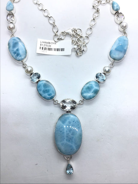 View of Larimar Necklace - 5 Oval Cabochons with Freshwater Pearls with Faceted Quartz & Blue Topaz - Set in 925 Sterling Silver Bezels