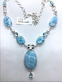 View of Larimar Necklace - 5 Oval Cabochons with Freshwater Pearls with Faceted Quartz & Blue Topaz - Set in 925 Sterling Silver Bezels