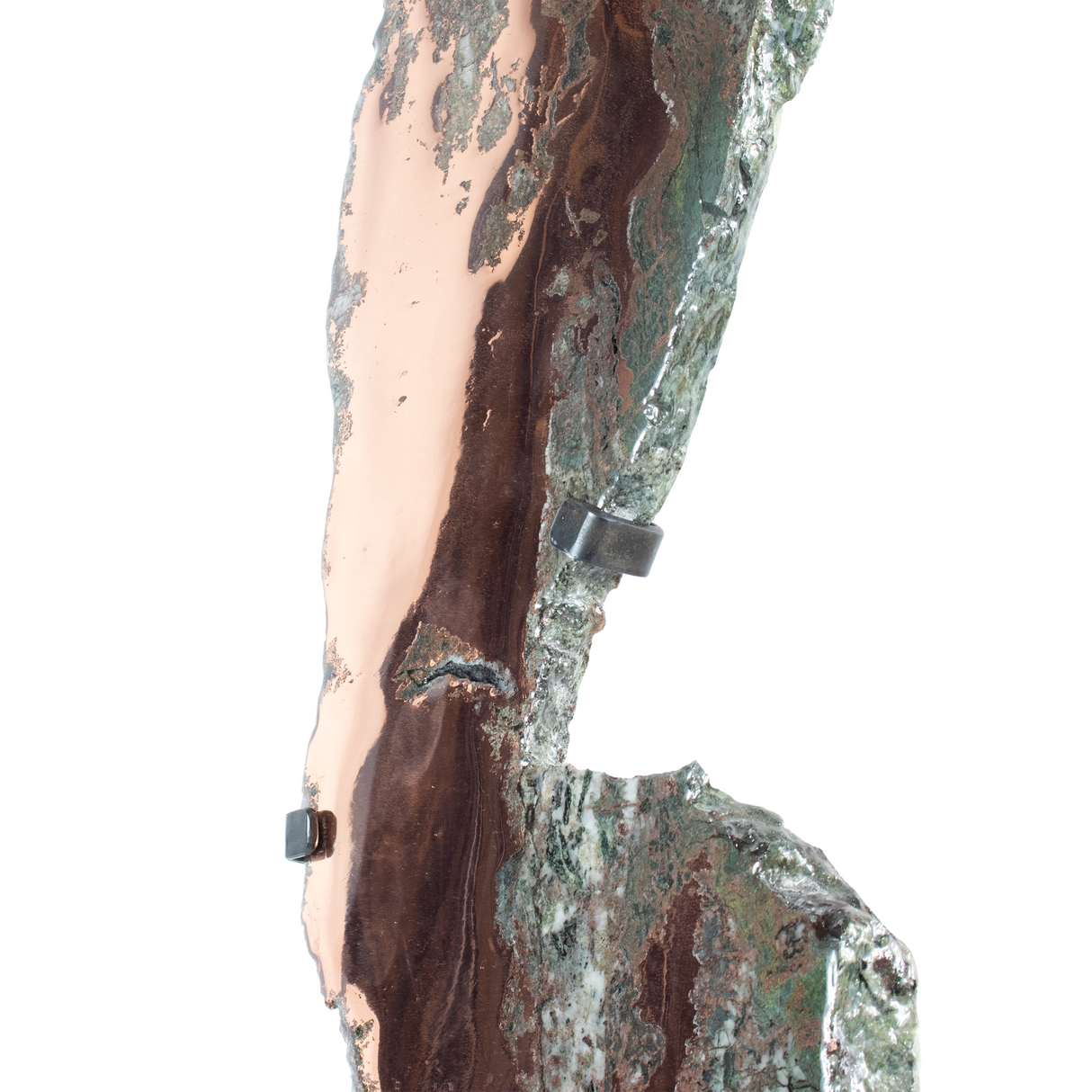 Michigan Copper Slice with Green Matrix on Custom Patina Stand with Textile Flow Desgin - TableTop Size