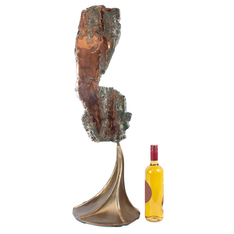 View of Michigan Copper Slice with Green Matrix on Custom Patina Stand with Textile Flow Desgin - TableTop Size