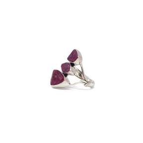 View of Ruby Ring - Rough Geometric Trio with 925 Sterling Silver Bezels Set on Open Tri-Top Band sz9