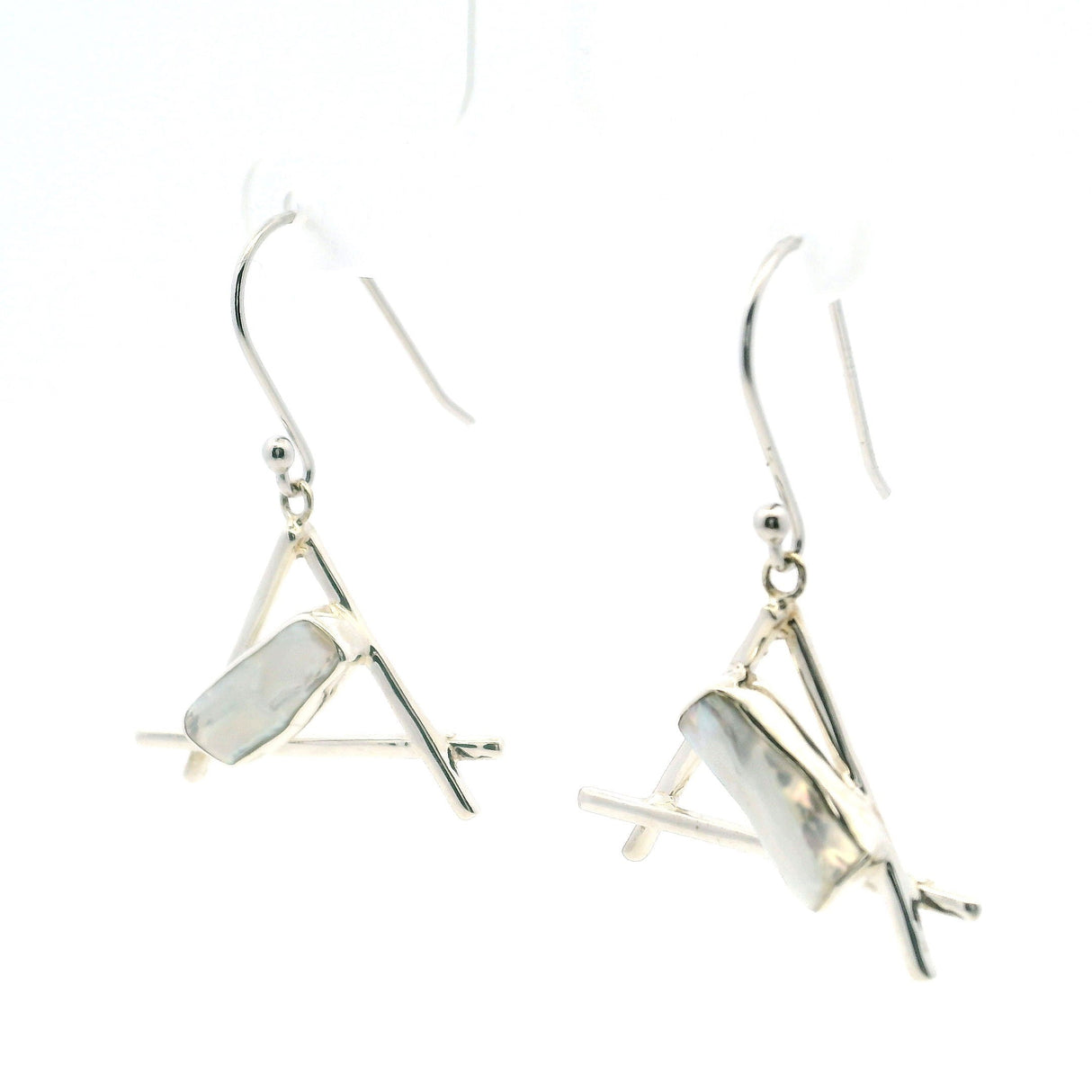 Freshwater Pearl Dangle Earrings - Biwa Pearl Bezel Set in 925 Sterling Silver Open Stick Triangle Design