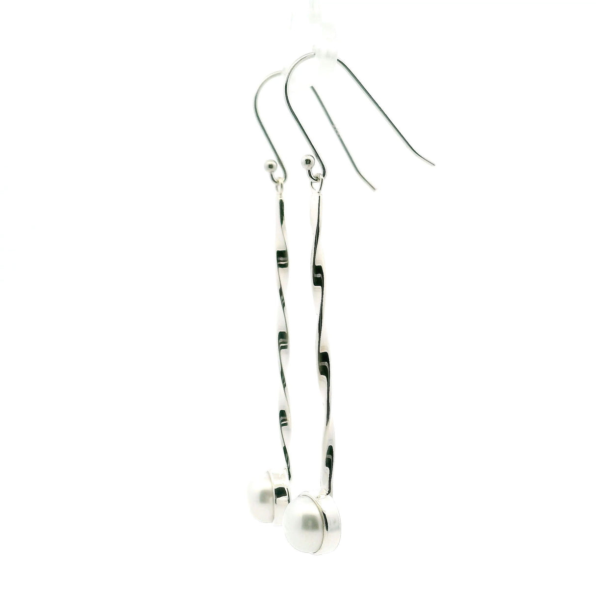 Freshwater Pearl Dangle Earrings - Round Pearl Bezel Set in 925 Sterling Silver at End of 2" Silver Twisted Rod