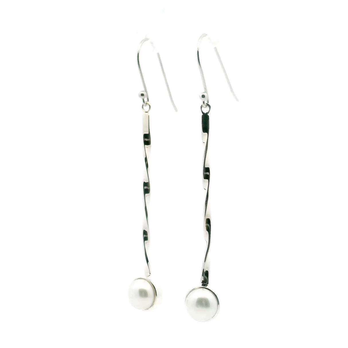 View of Freshwater Pearl Dangle Earrings - Round Pearl Bezel Set in 925 Sterling Silver at End of 2\" Silver Twisted Rod