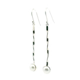 View of Freshwater Pearl Dangle Earrings - Round Pearl Bezel Set in 925 Sterling Silver at End of 2\" Silver Twisted Rod