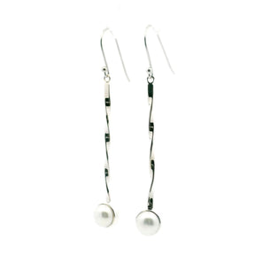 View of Freshwater Pearl Dangle Earrings - Round Pearl Bezel Set in 925 Sterling Silver at End of 2\" Silver Twisted Rod