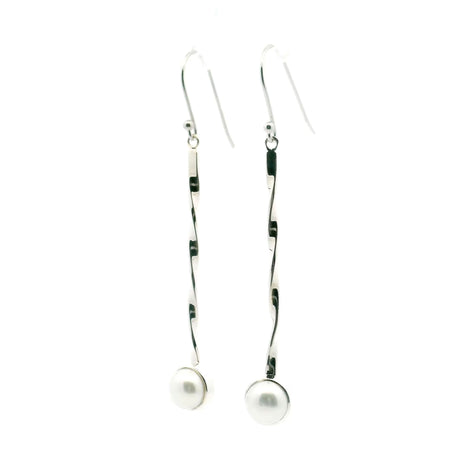 View of Freshwater Pearl Dangle Earrings - Round Pearl Bezel Set in 925 Sterling Silver at End of 2\" Silver Twisted Rod