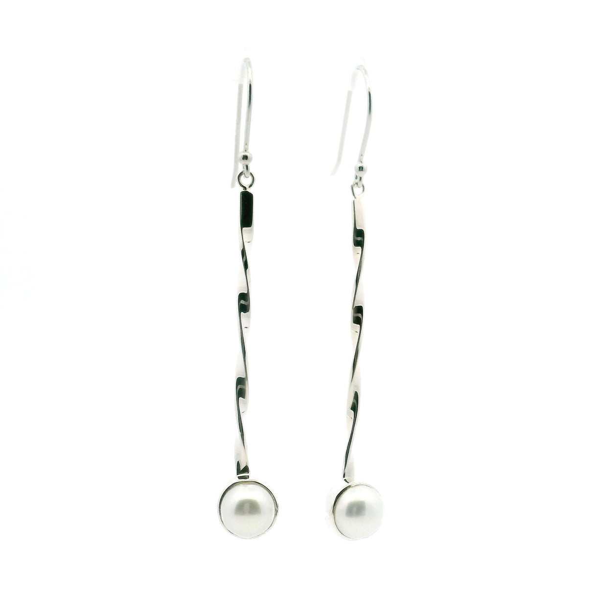 Freshwater Pearl Dangle Earrings - Round Pearl Bezel Set in 925 Sterling Silver at End of 2" Silver Twisted Rod