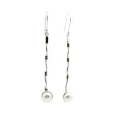 Freshwater Pearl Dangle Earrings - Round Pearl Bezel Set in 925 Sterling Silver at End of 2" Silver Twisted Rod