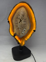 Chocolate Agate Slice with Amethyst Center On Illuminated Table Stand