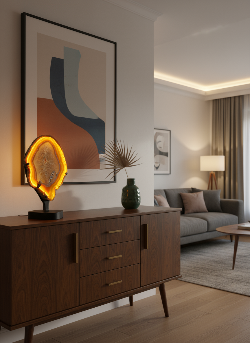 Chocolate Agate Slice with Amethyst Center On Illuminated Table Stand