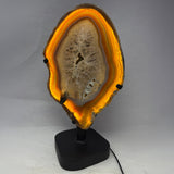 Chocolate Agate Slice with Amethyst Center On Illuminated Table Stand