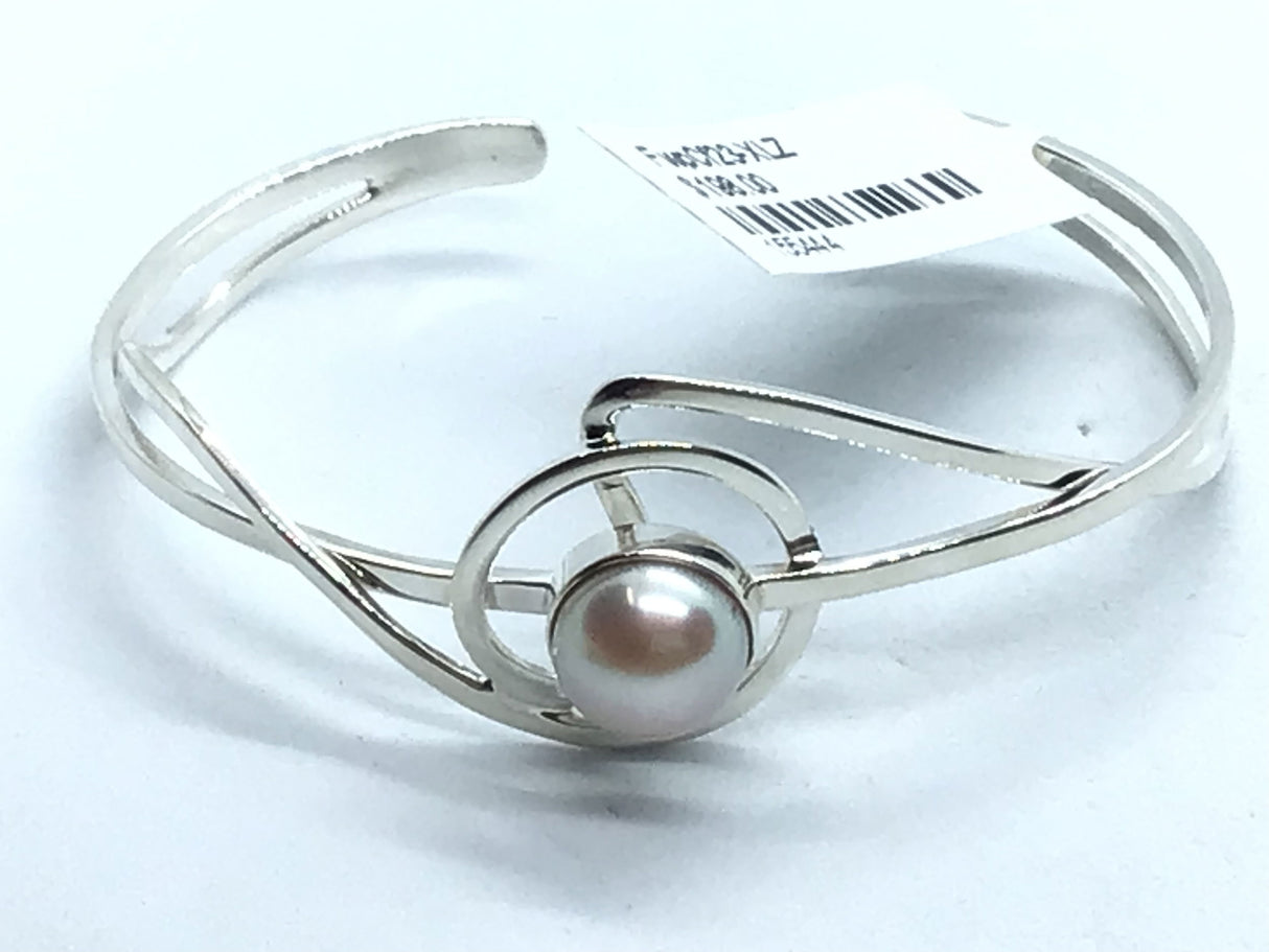 View of Freshwater Pearl Cuff - Round Pearl with Pink Hue Bezel Set in Center of 925 Sterling Silver Circle Design with Double Cuff