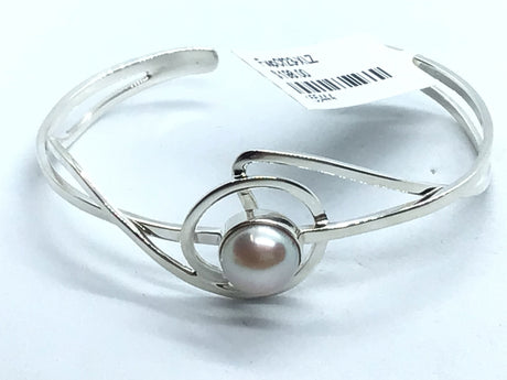 View of Freshwater Pearl Cuff - Round Pearl with Pink Hue Bezel Set in Center of 925 Sterling Silver Circle Design with Double Cuff