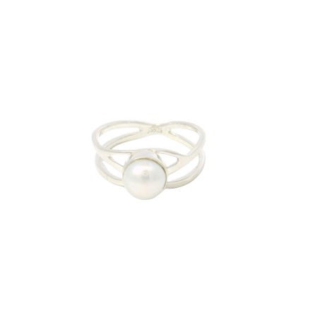 View of Freshwater Pearl Ring - Round Pearl Bezel Set in 925 Sterling Silver on Open Double Band sz7.5