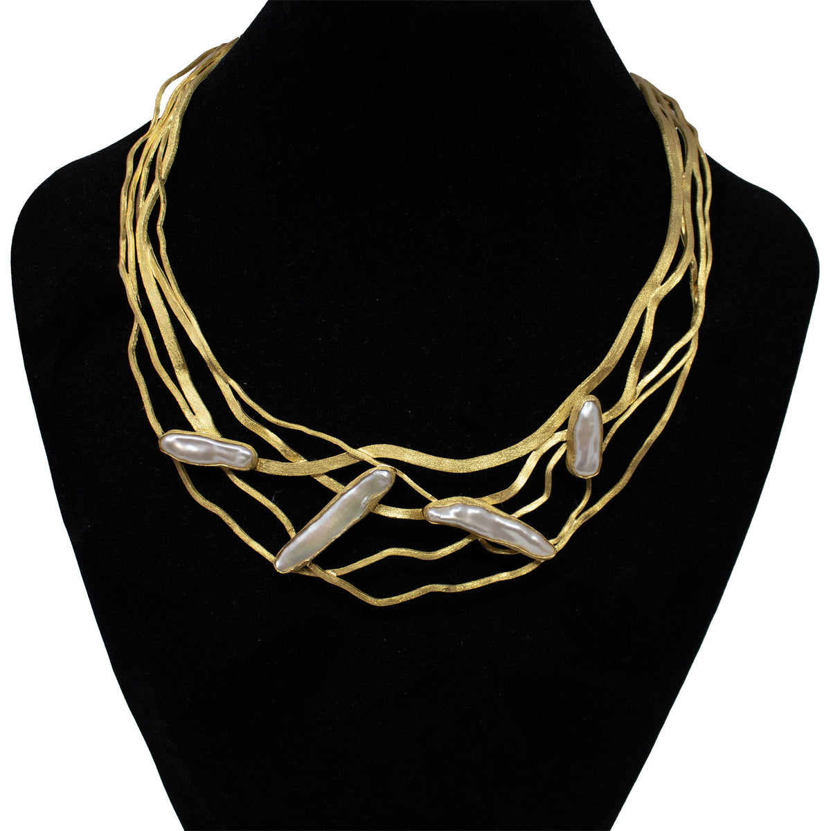 View of Freshwater Pearl Collar Necklace - 4 Biwa Pearls Bezel Set at Angles in 925 Sterling Silver with Brushed Gold Vermeil Finish & 5 Wavy Line Collar