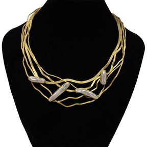 View of Freshwater Pearl Collar Necklace - 4 Biwa Pearls Bezel Set at Angles in 925 Sterling Silver with Brushed Gold Vermeil Finish & 5 Wavy Line Collar