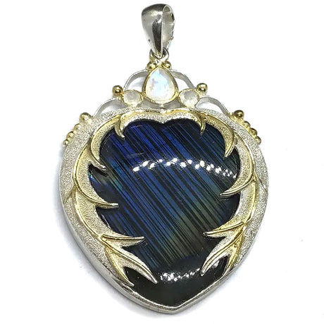View of Labradorite Pendant - Blue with Yellow Flash Cabochon Bezel Set in 925 Sterling Silver Sandblasted Heart Setting with Gold Plating & Faceted Moonstones Above