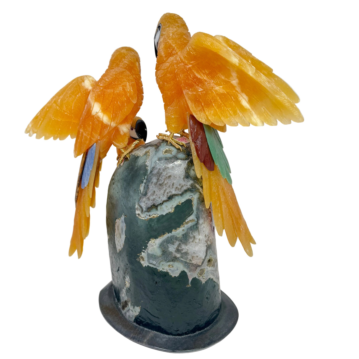 Three Calcite Macaws Perched on Amethyst Geode Base on Black Marble -Tail Feathers of Red Jasper Tigers Eye & Aventurine