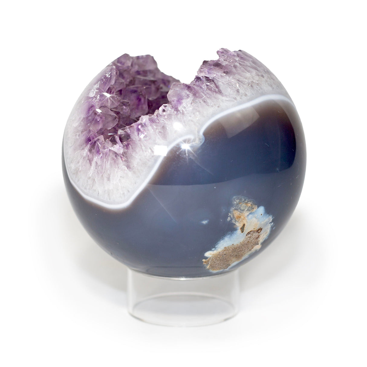 Amethyst Geode Sphere with Crystal Crevase & Deep Blue Agate & Light Blue Band on Lucite Ring Stand
